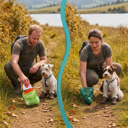 ramasse crotte pour chien comparatif homme utilisant le produit et femme utilisant un sac sur un sentier automnal