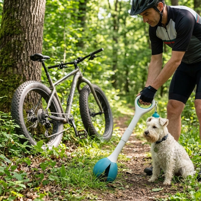 ramasse crotte pour chien cycliste utilisant la pelle près de son terrier avec un fat bike appuyé contre un arbre