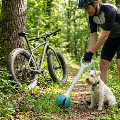 ramasse crotte pour chien cycliste utilisant la pelle près de son terrier avec un fat bike appuyé contre un arbre