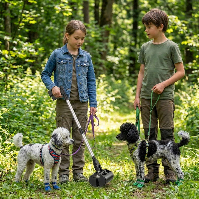 Ramasse crotte pour chien deux enfants avec leurs caniches en forêt