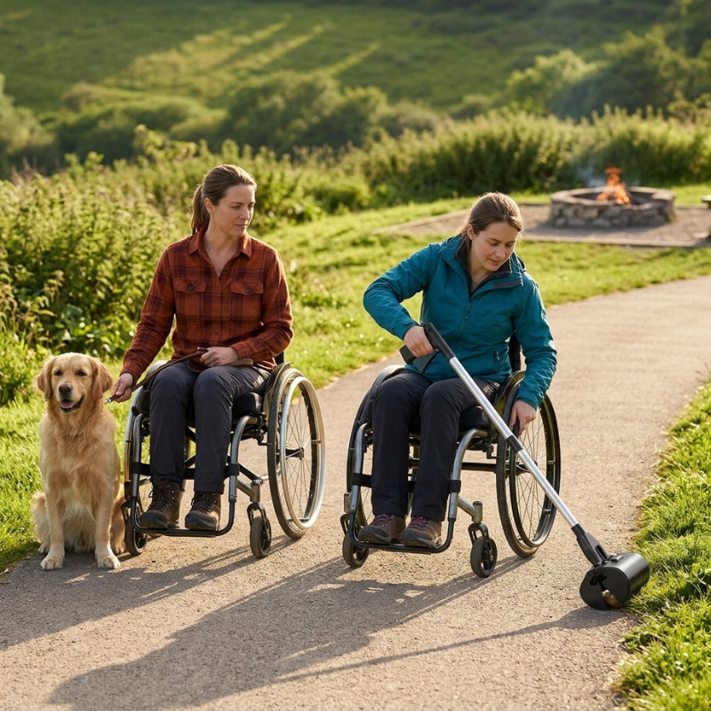 Ramasse crotte pour chien deux femmes en fauteuil roulant avec un chien sur un sentier