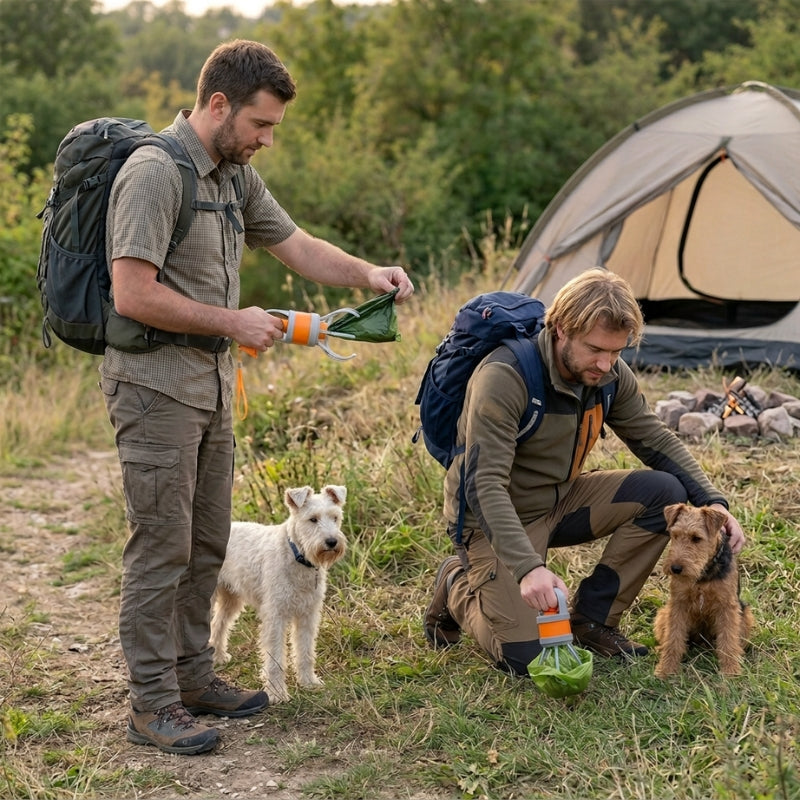 ramasse crotte pour chien deux randonneurs avec leurs terriers au camping montrant la préparation et le ramassage