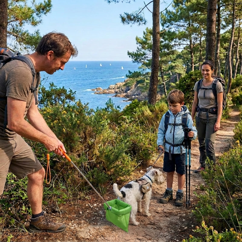ramasse-crotte-pour-chien-famille-en-randonnee-avec-un-terrier-et-vue-sur-la-mer