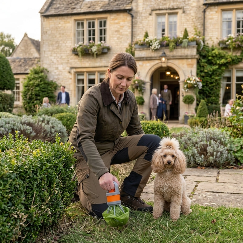 ramasse crotte pour chien femme accroupie dans le jardin dun hôtel avec son caniche beige portant une boucle