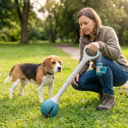 ramasse crotte pour chien femme accroupie utilisant la pelle blanche et turquoise près de son beagle dans un parc verdoyant