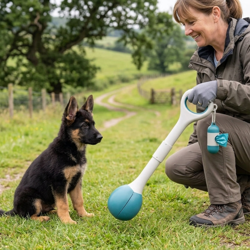 ramasse crotte pour chien femme accroupie utilisant la pelle blanche et turquoise près de son jeune berger allemand à la campagne
