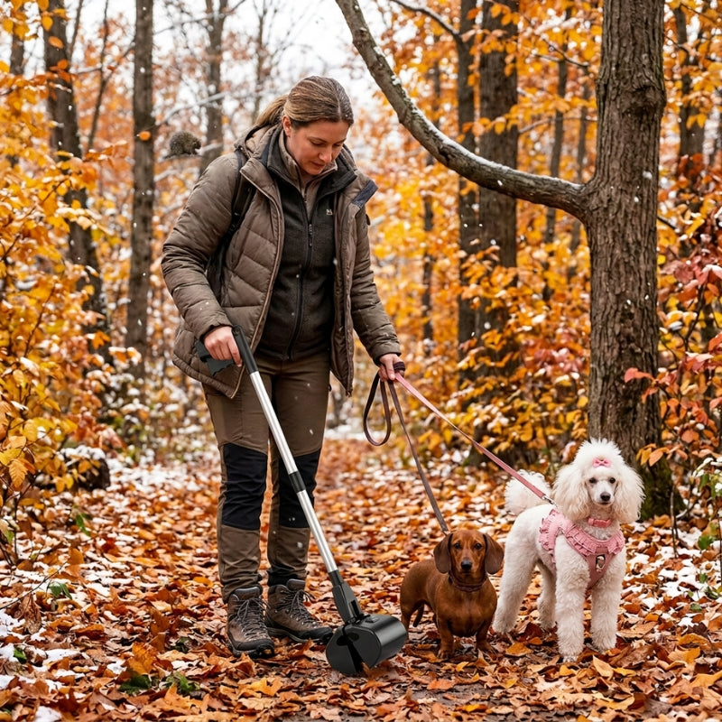 Ramasse crotte pour chien femme avec teckel et caniche blanc en forêt automnale