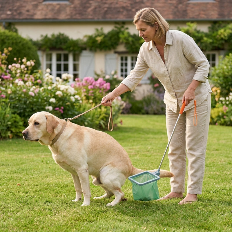 Ramasse crotte pour chien femme avec un labrador et collecteur à sac vert dans un jardin