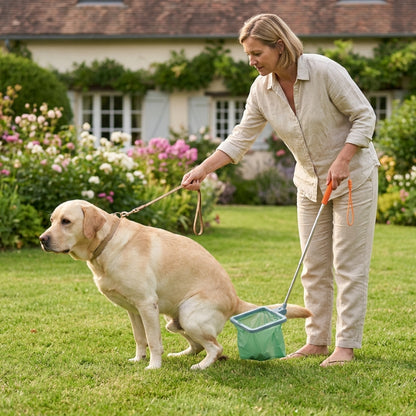 Ramasse crotte pour chien femme avec un labrador et collecteur à sac vert dans un jardin