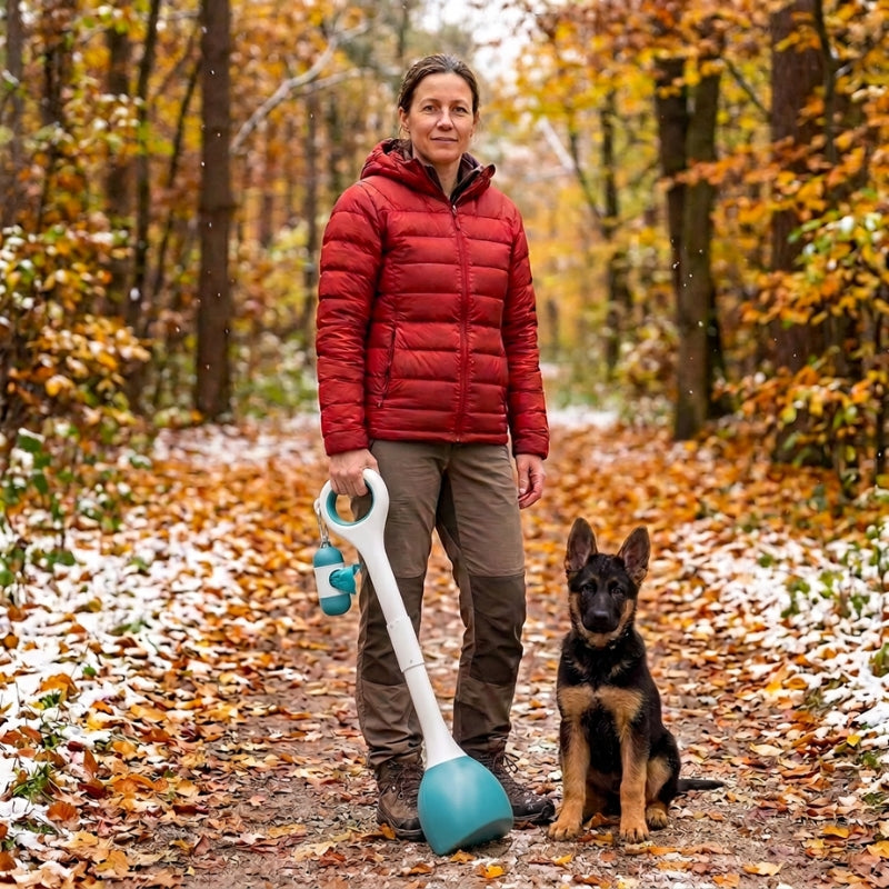 ramasse crotte pour chien femme en manteau rouge debout près de son jeune berger allemand sur un sentier automnal légèrement enneigé