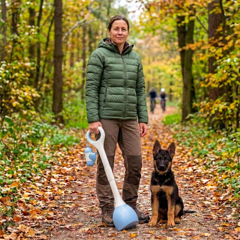 ramasse crotte pour chien femme en manteau vert avec son jeune berger allemand et une pelle bleu pâle sur un sentier automnal