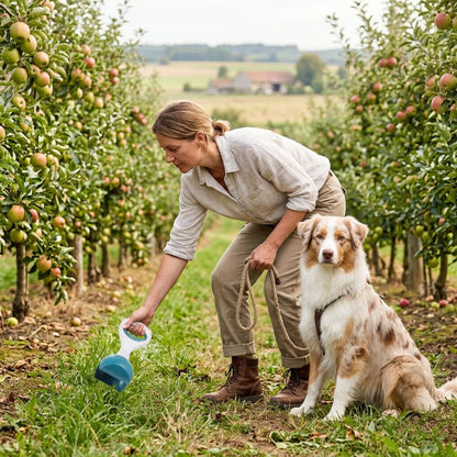 Ramasse crotte pour chien utilisé par une femme dans un verger avec son chien assis en laisse