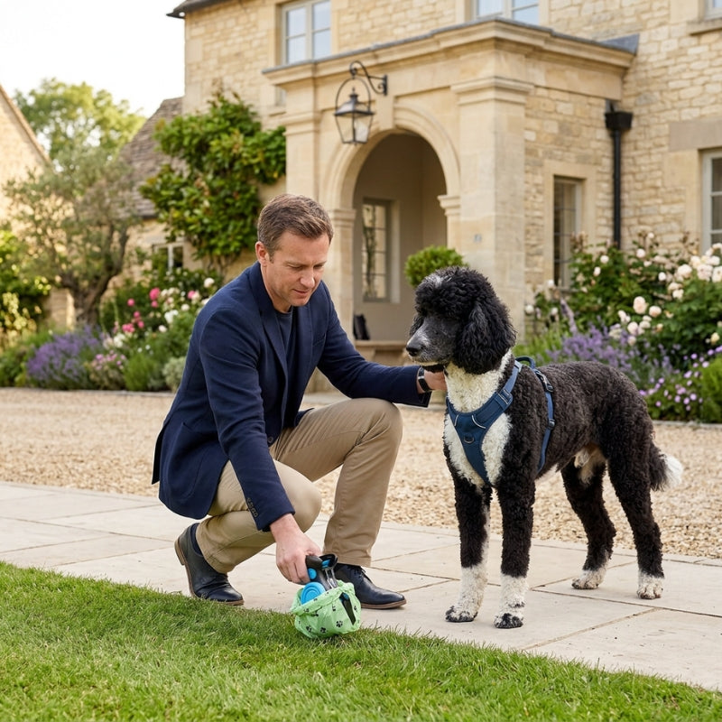ramasse crotte pour chien homme accroupi devant un hôtel de campagne avec un caniche royal noir et blanc en harnais
