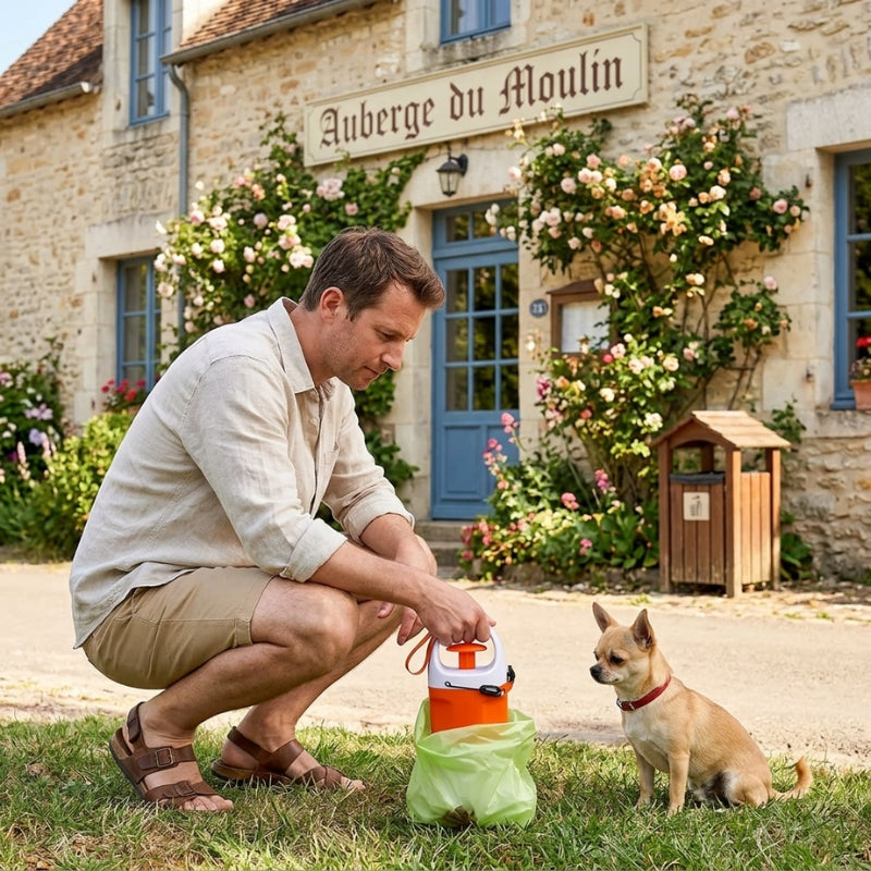 ramasse crotte pour chien homme accroupi devant une auberge avec son petit chien et un sac vert