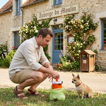 ramasse crotte pour chien homme accroupi devant une auberge avec son petit chien et un sac vert
