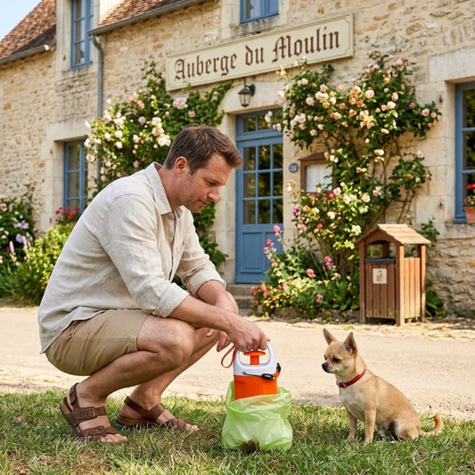 ramasse crotte pour chien homme accroupi devant une auberge avec son petit chien et un sac vert