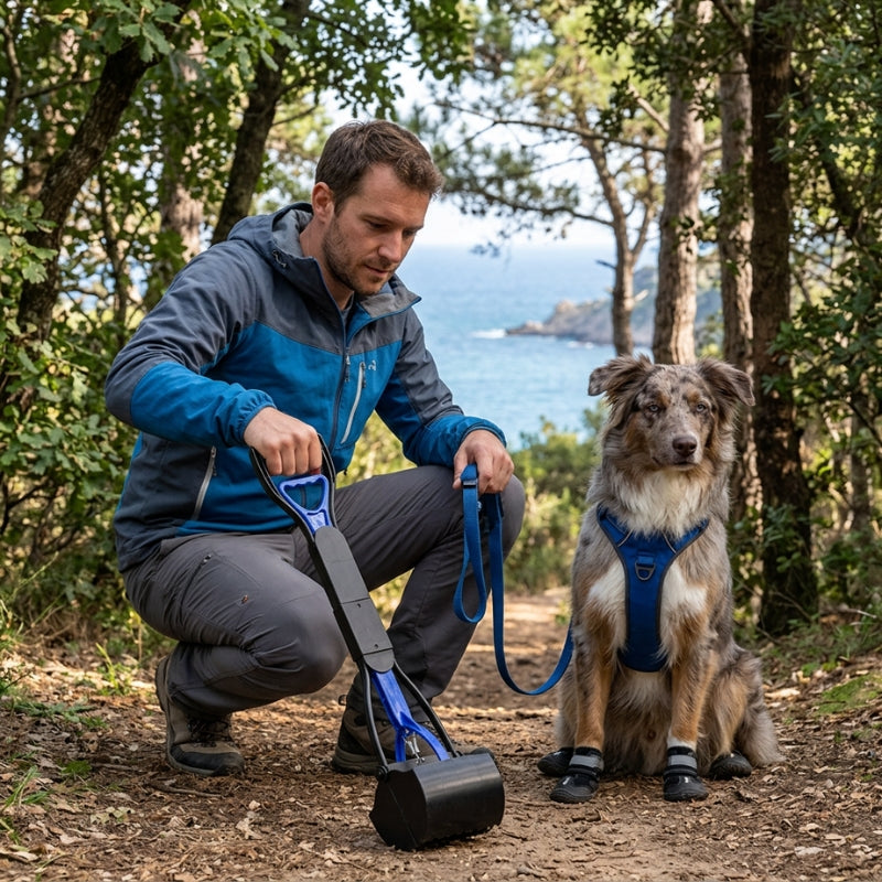 Ramasse crotte pour chien homme accroupi près de son berger australien en forêt