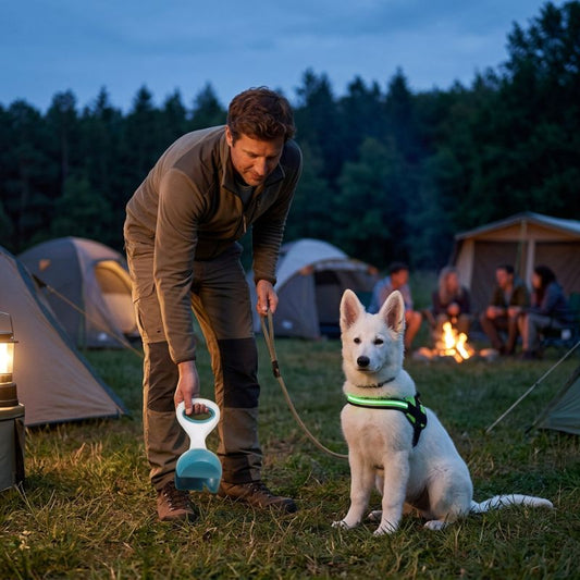 Ramasse crotte pour chien tenu par un homme au camping avec un berger blanc assis en harnais lumineux