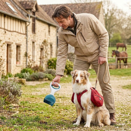 Ramasse crotte pour chien tenu par un homme près d’un hôtel rural avec son chien portant des sacoches rouges