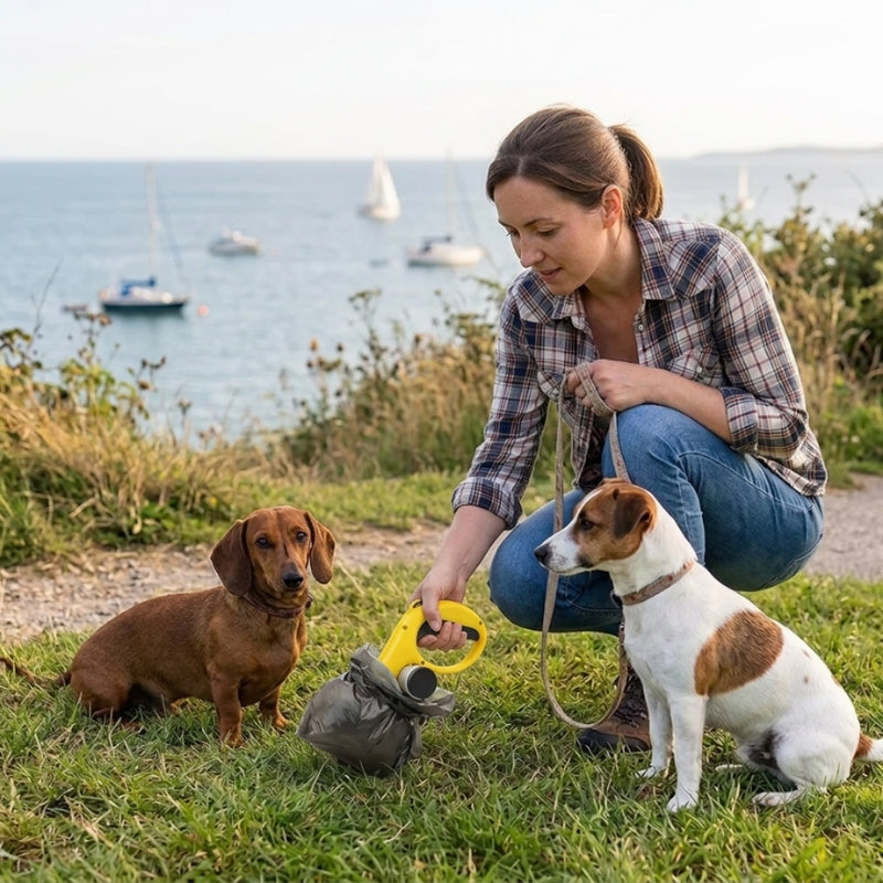 ramasse crotte pour chien jaune et noir femme accroupie avec un teckel et un jack russell en laisse sur un sentier en bord de mer avec des voiliers