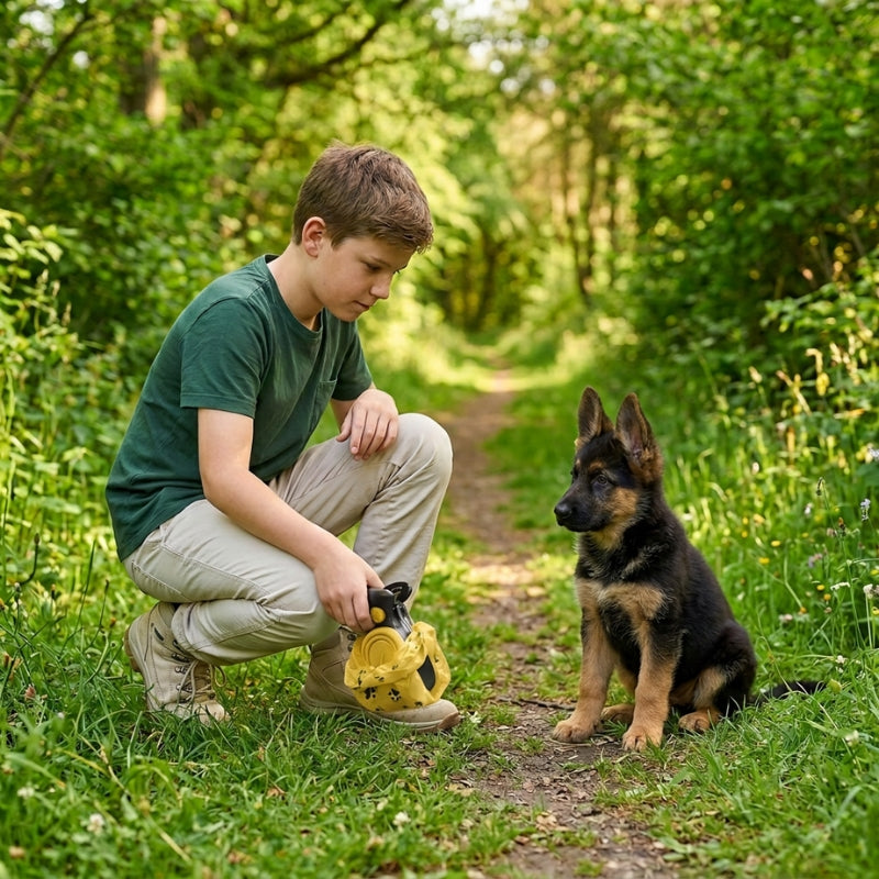ramasse crotte pour chien jaune et noir garçon accroupi sur un sentier verdoyant en été avec un jeune berger allemand aux oreilles dressées