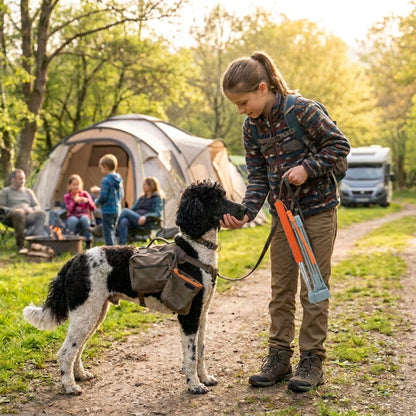 Ramasse crotte pour chien jeune campeuse avec collecteur replié et caniche royal noir et blanc