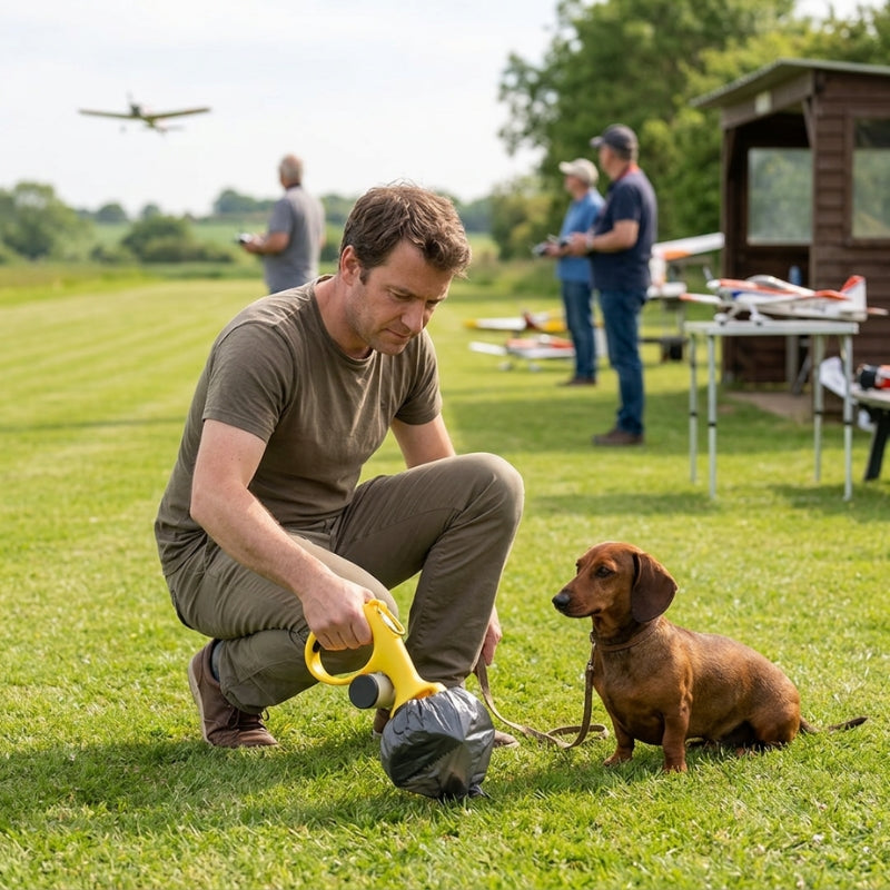 ramasse crotte pour chien noir et jaune homme accroupi près de son teckel sur un terrain de petits avions téléguidés