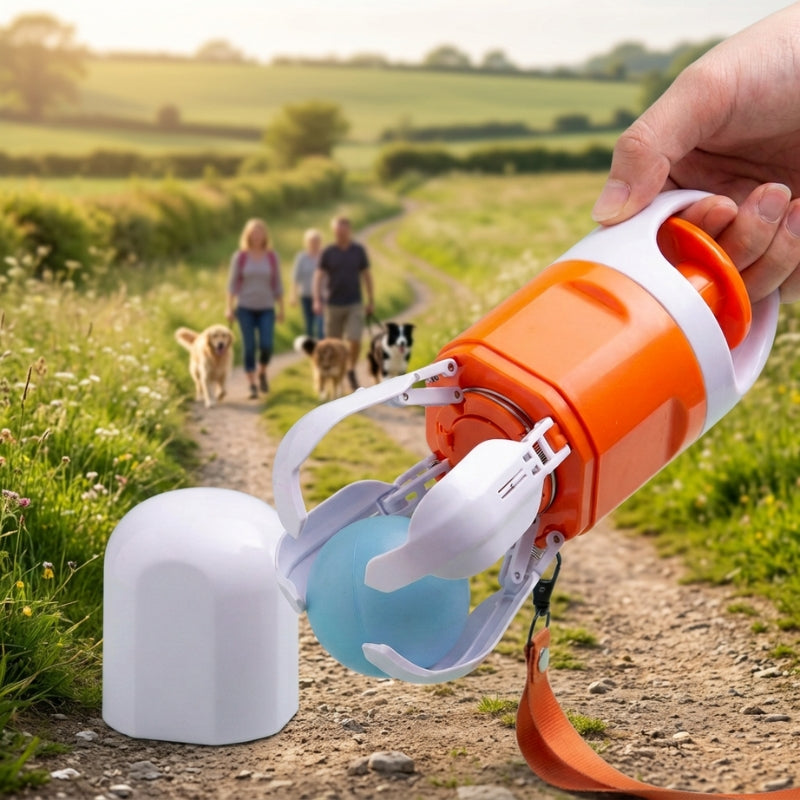 ramasse crotte pour chien orange et blanc saisissant une balle bleue avec des propriétaires et leurs chiens en arrière plan à la campagne