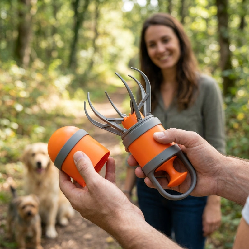 ramasse crotte pour chien orange et gris présenté ouvert dans les mains avec une femme et des chiens en arrière plan