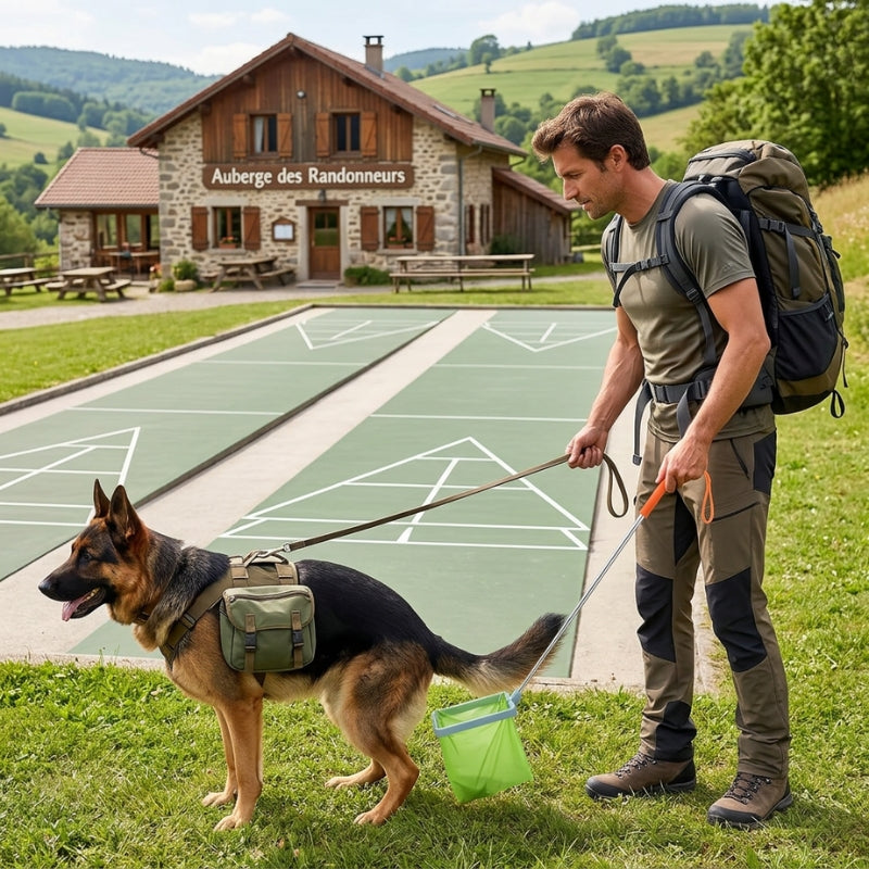 Ramasse crotte pour chien randonneur et berger allemand devant un terrain de palets