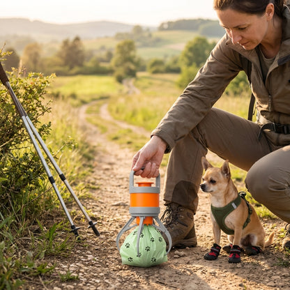 ramasse crotte pour chien randonneuse accroupie sur un sentier avec son chihuahua en harnais et petites bottes