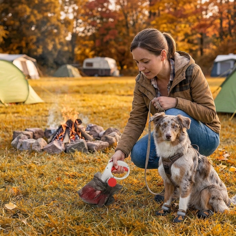 ramasse crotte pour chien rouge et blanc femme accroupie au camping en automne avec son chien merle en harnais et petites bottes