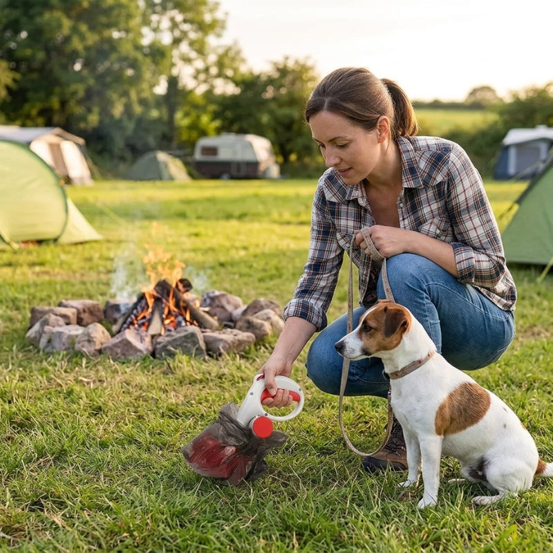 ramasse crotte pour chien rouge et blanc femme tenant son jack russell en laisse et ramassant près dun feu de camp