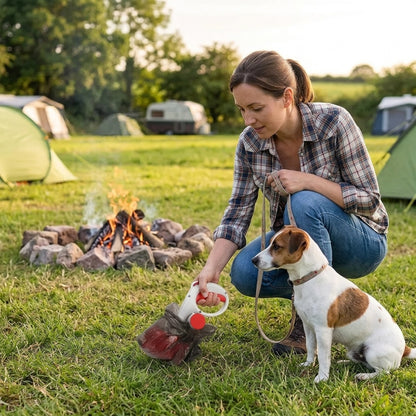 ramasse crotte pour chien rouge et blanc femme tenant son jack russell en laisse et ramassant près dun feu de camp