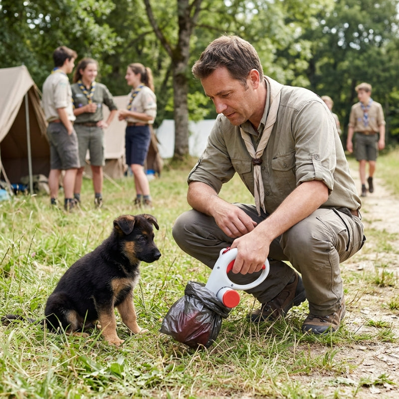 ramasse crotte pour chien rouge et blanc homme accroupi près de son chiot berger allemand avec des scouts et des tentes en arrière plan