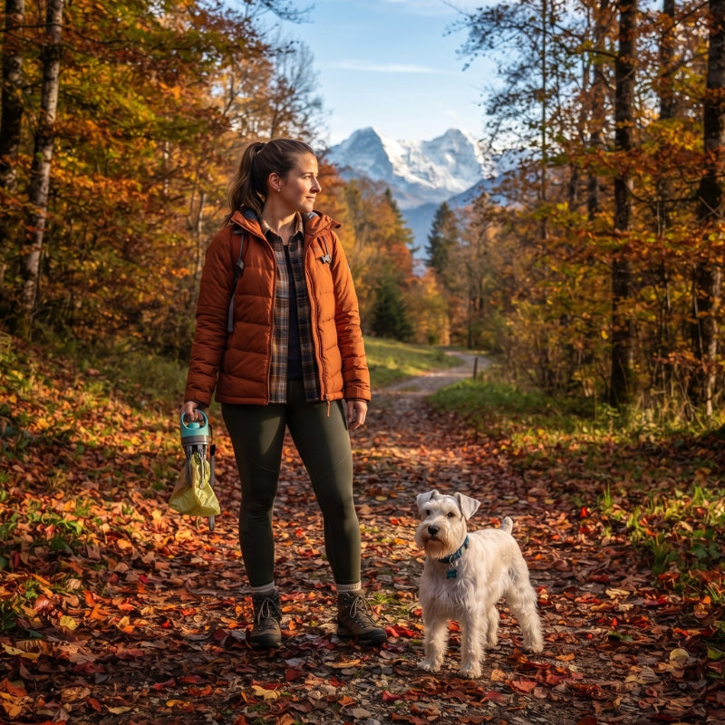 Ramasse crotte pour chien tenu par un homme en veste orange avec un chien blanc sur un sentier automnal face aux montagnes