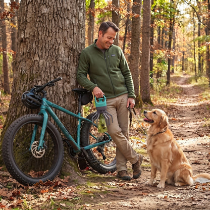 Ramasse crotte pour chien tenu par un homme près dun vélo appuyé contre un arbre et dun golden retriever en forêt
