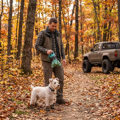 Ramasse crotte pour chien tenu par un randonneur avec un terrier blanc en bottes et un camion 4x4 en forêt