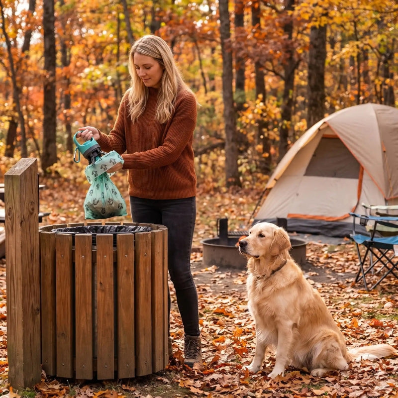 Ramasse crotte pour chien tenu par une femme qui jette un sac dans une poubelle au camping près dun golden retriever