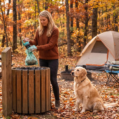 Ramasse crotte pour chien tenu par une femme qui jette un sac dans une poubelle au camping près dun golden retriever