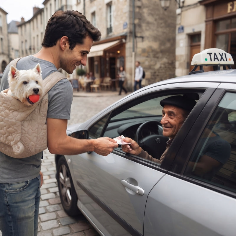 Sac à dos chien beige près d’une voiture avec un homme et un chien