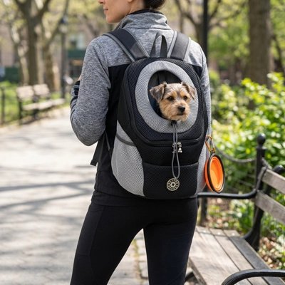 Sac a dos chien noir homme en forêt