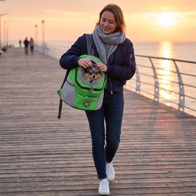 Sac a dos chien vert femme marche sur le quai