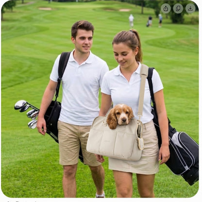 Sac de transport pour chien beige au golf