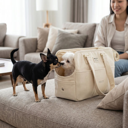 Sac de transport pour chien beige dans le salon