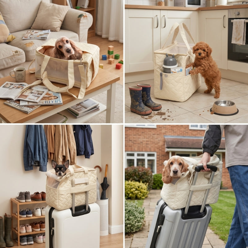 Sac de transport pour chien beige présenté dans quatre scènes de vie quotidienne