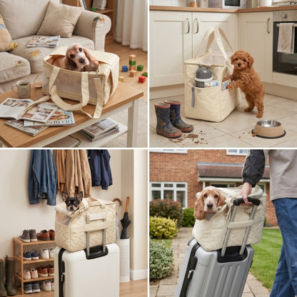 Sac de transport pour chien beige présenté dans quatre scènes de vie quotidienne