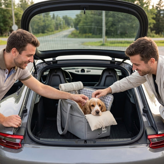 Sac de transport pour chien gris en voiture