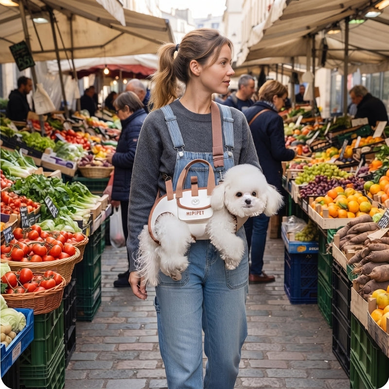 Sac de transport pour chiens avec une femme au marché portant son chien blanc