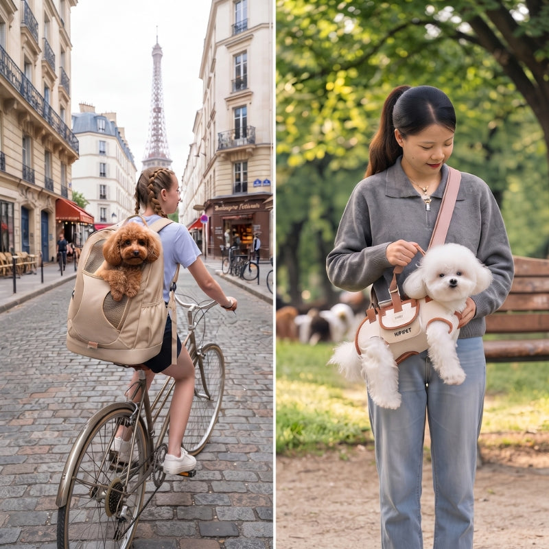 Sac de transport pour chiens utilisé à vélo et porté à l’épaule en extérieur
